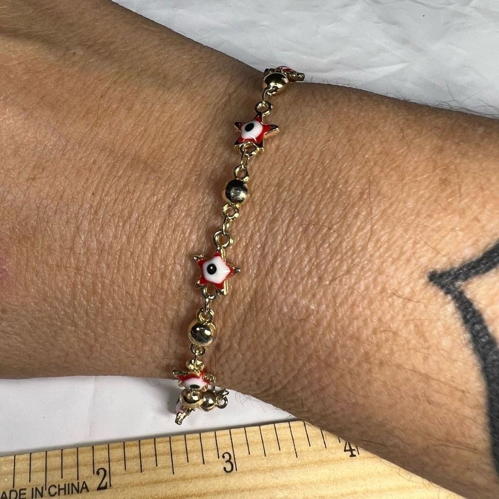 Gold Tone Star and Red Evil Eye Bracelet/Anklet 10”